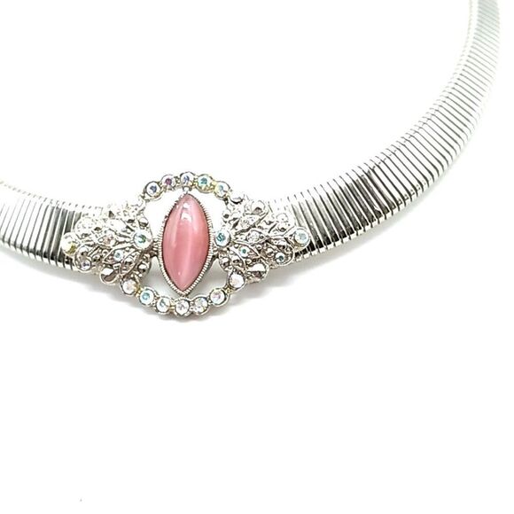 Silver-tone Flat Snake Chain with faux Gemstone & AB Rhinestones 16" Choker - Picture 12 of 13